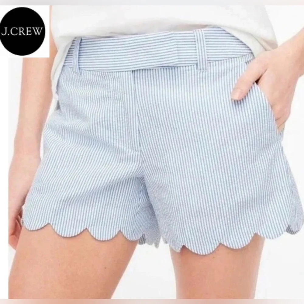 J Crew‎ Women’s Blue/White Pinstripe Seersucker Scalloped Short